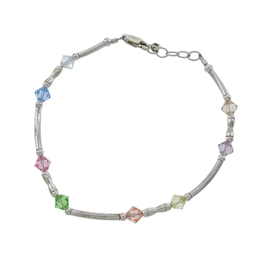 Vintage Sterling Silver 925 Tube Multi Color Crystal Beaded Bracelet 7